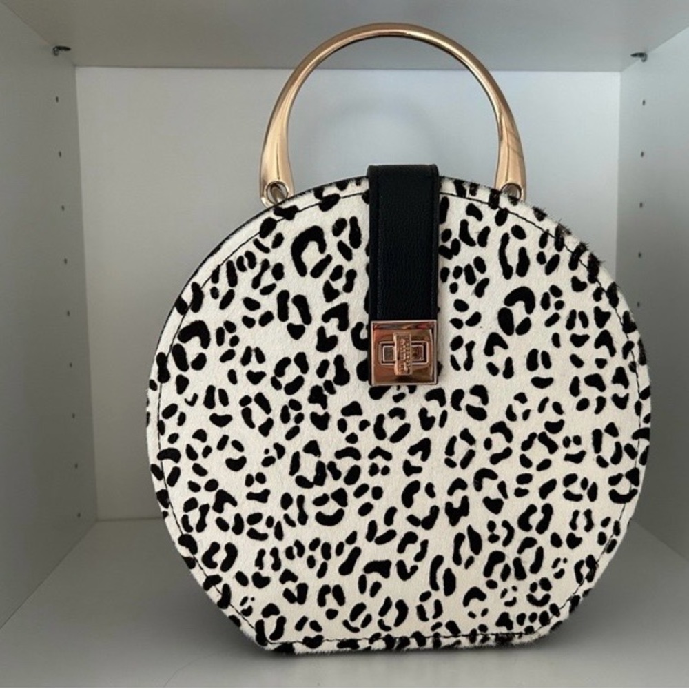 Leopard Print Round Handbag with Gold Accents